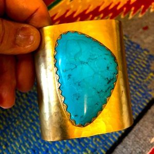 Hammered brass and turquoise cuff bracelet.